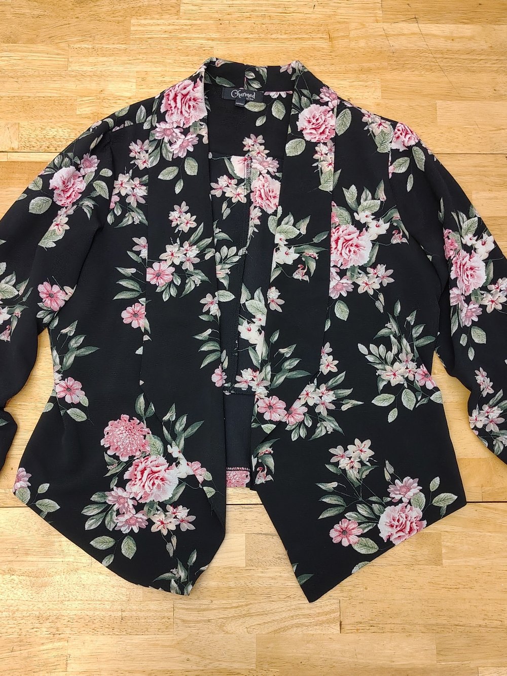 Black Floral Open-Front Jacket with Pink Roses